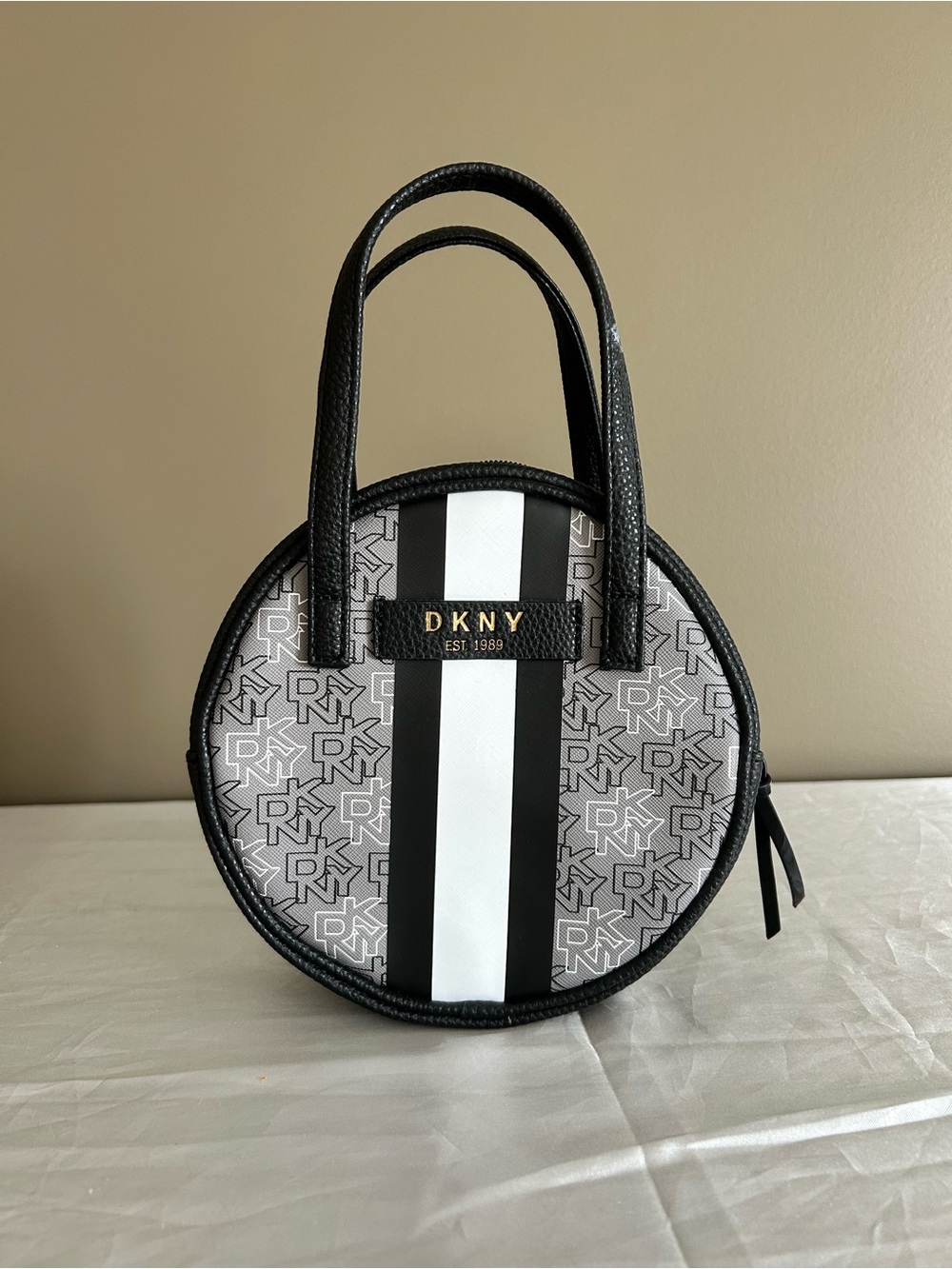 DKNY Black, White & Gray Round Monogram Mini Bag